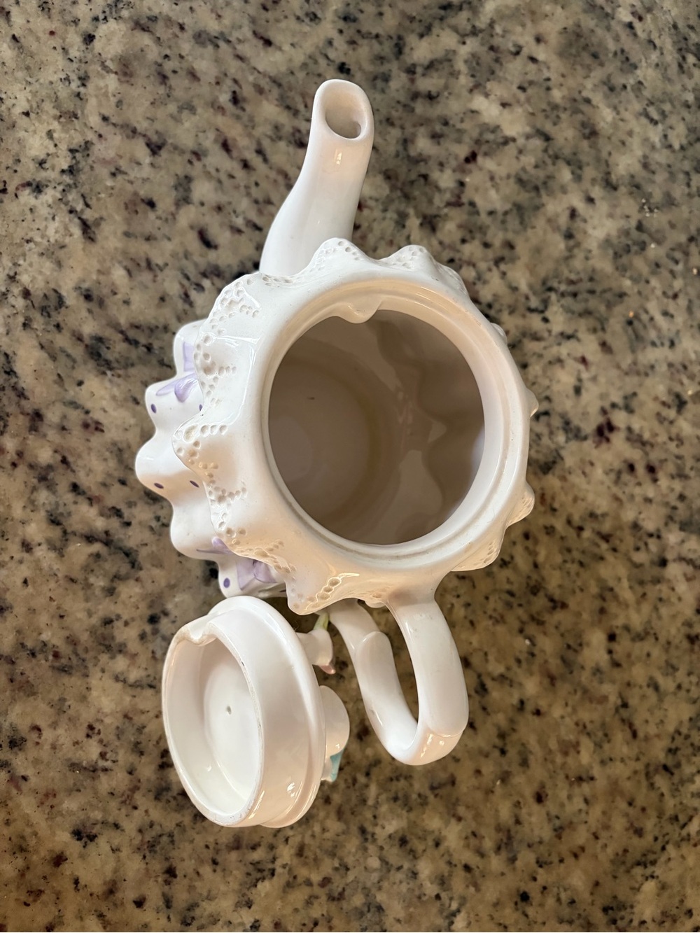 White Ceramic Teapot with Purple Polka Dots and Pastel Accents - Picture 3 of 4